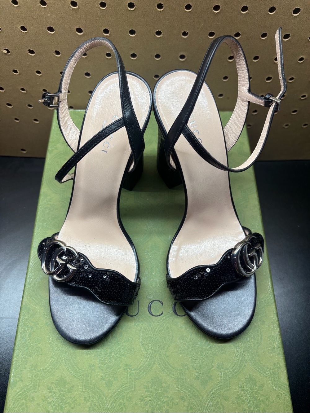 Gucci Black Sequin Slingback Heels with Silver Double G